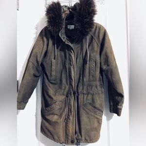 Women's Brown Utility Jacket with Faux Fur Hood